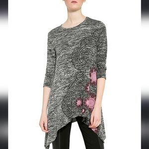 Desigual Grey & Pink Mandala Boho 3/4 Sleeve Asymmetrical Tunic Top Size S